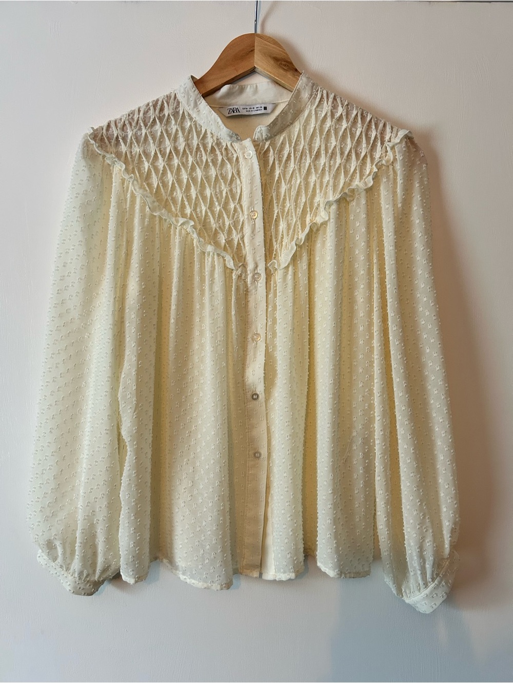 ZARA Cream Textured Swiss Dot Smocked Yoke Blouse